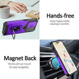 Nvollnoe for iPhone 14 Pro Case with Sliding Camera Cover and Card Holder Heavy Duty Protective iPhone 14 Pro Case with Ring Magnetic Kickstand Phone Case for iPhone 14 Pro 6.1 inch(Purple)