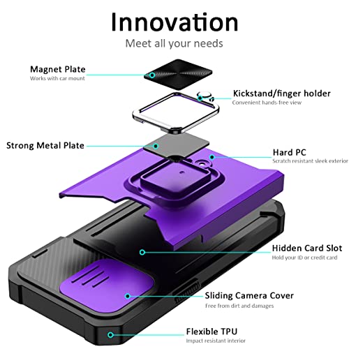 Nvollnoe for iPhone 14 Pro Case with Sliding Camera Cover and Card Holder Heavy Duty Protective iPhone 14 Pro Case with Ring Magnetic Kickstand Phone Case for iPhone 14 Pro 6.1 inch(Purple)