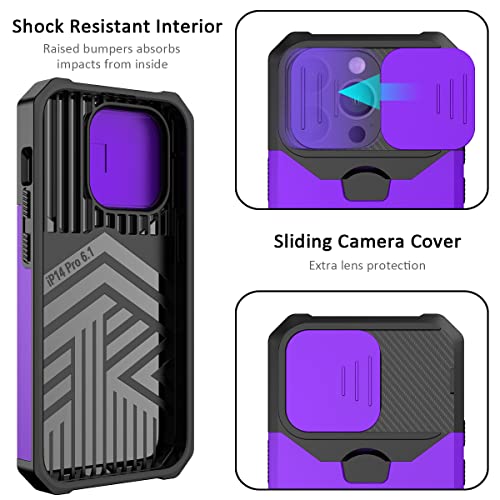 Nvollnoe for iPhone 14 Pro Case with Sliding Camera Cover and Card Holder Heavy Duty Protective iPhone 14 Pro Case with Ring Magnetic Kickstand Phone Case for iPhone 14 Pro 6.1 inch(Purple)