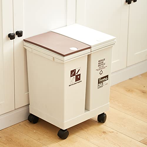 Sequpr Kitchen Trash Can with Lid can Slide 40l(20l+20l), 2 x 5.28 Gal Garbage Can for Kitchen Outdoor, Double Trash Cabinet Cans Bin with Holder, Plastic Storage Recycling Bins, White