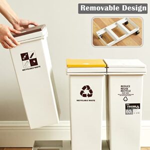 Sequpr Kitchen Trash Can with Lid can Slide 40l(20l+20l), 2 x 5.28 Gal Garbage Can for Kitchen Outdoor, Double Trash Cabinet Cans Bin with Holder, Plastic Storage Recycling Bins, White