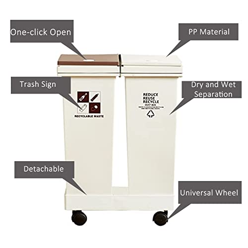 Sequpr Kitchen Trash Can with Lid can Slide 40l(20l+20l), 2 x 5.28 Gal Garbage Can for Kitchen Outdoor, Double Trash Cabinet Cans Bin with Holder, Plastic Storage Recycling Bins, White