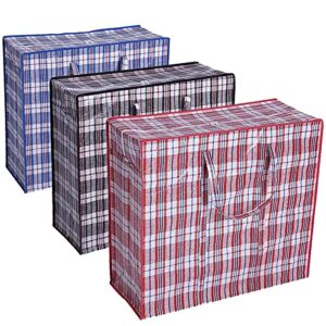 winghin 3 pack extra large moving bags with double zippers carrying handles, heavy-duty storage tote plastic checkered laundry shopping bags, size 27.5" x 29.5" x 11.8" , color red black blue