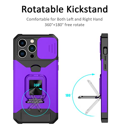 Nvollnoe for iPhone 14 Pro Max Case with Sliding Camera Cover and Card Holder Heavy Duty Protective iPhone 14 Pro Max Case with Ring Magnetic Kickstand Phone Case for iPhone 14 Pro Max(Purple)