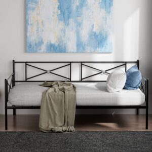 komfott metal daybed frame, twin bed frame with steel slats support, sofa mattress foundation with headboard, no box spring needed, multifunctional platform bed frame fits twin mattress (black)