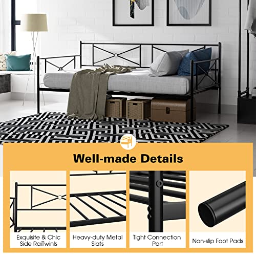 KOMFOTT Metal Daybed Frame, Twin Bed Frame with Steel Slats Support, Sofa Mattress Foundation with Headboard, No Box Spring Needed, Multifunctional Platform Bed Frame Fits Twin Mattress (Black)