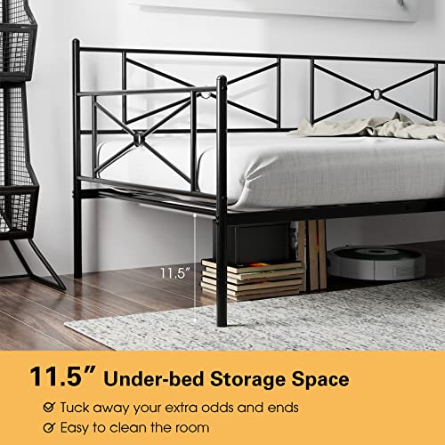 KOMFOTT Metal Daybed Frame, Twin Bed Frame with Steel Slats Support, Sofa Mattress Foundation with Headboard, No Box Spring Needed, Multifunctional Platform Bed Frame Fits Twin Mattress (Black)