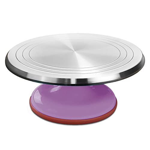 Aluminium Alloy Revolving Cake Stand 12 Inch Heavy Duty Aluminium Rotating Cake Turntable with Non-slipping Silicone Bottom Rotating Display Stand Cake Decorating Supplies (Purple)