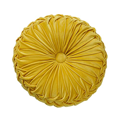 Round Throw Pillow Round Velvet Pillow Pleated Round Filled Pillow Home Decorative Throw Pillow Cushion for Couch Chair Bed Car Floor (35cm / 13.77inch, Yellow)