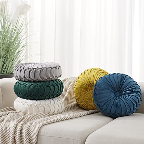 Round Throw Pillow Round Velvet Pillow Pleated Round Filled Pillow Home Decorative Throw Pillow Cushion for Couch Chair Bed Car Floor (35cm / 13.77inch, Yellow)