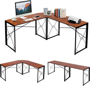 vecelo l shaped desk, 59''x59'' large corner computer gaming table for home office with collapsible leg, no assembly needed, brown