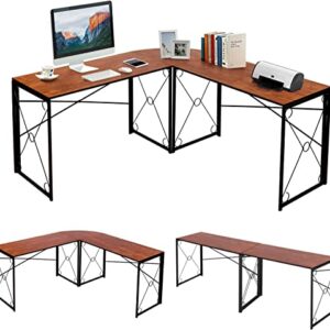 VECELO L Shaped Desk, 59''x59'' Large Corner Computer Gaming Table for Home Office with Collapsible Leg, No Assembly Needed, Brown