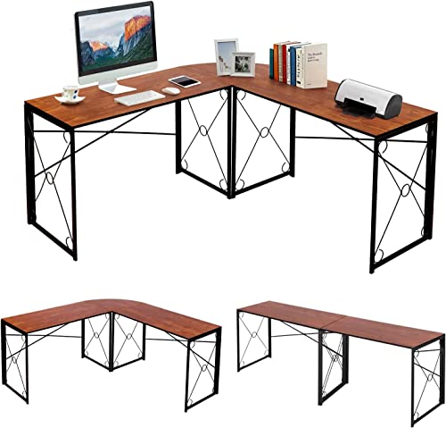 VECELO L Shaped Desk, 59''x59'' Large Corner Computer Gaming Table for Home Office with Collapsible Leg, No Assembly Needed, Brown