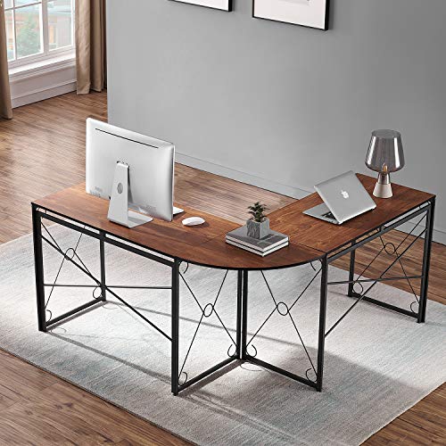 VECELO L Shaped Desk, 59''x59'' Large Corner Computer Gaming Table for Home Office with Collapsible Leg, No Assembly Needed, Brown