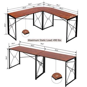 VECELO L Shaped Desk, 59''x59'' Large Corner Computer Gaming Table for Home Office with Collapsible Leg, No Assembly Needed, Brown