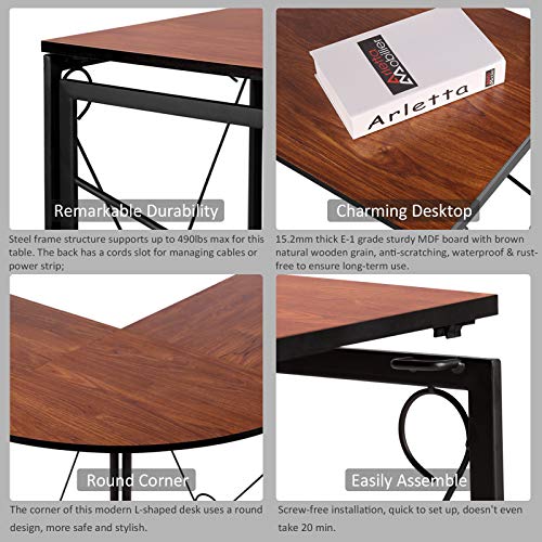 VECELO L Shaped Desk, 59''x59'' Large Corner Computer Gaming Table for Home Office with Collapsible Leg, No Assembly Needed, Brown