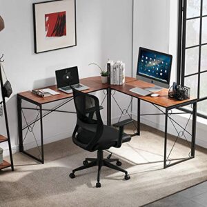 VECELO L Shaped Desk, 59''x59'' Large Corner Computer Gaming Table for Home Office with Collapsible Leg, No Assembly Needed, Brown