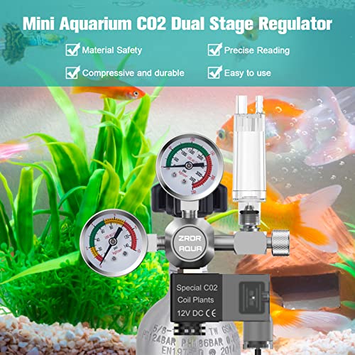 ZRDR CO2 Regulator Aquarium 12V DC CO2 Solenoid Pressure Adjustable with Big Dual Gauge Display, Bubble Counter, Check Valve, Aquarium Co2 Kit Fits Standard US Tanks Side and Up Open Cylinder