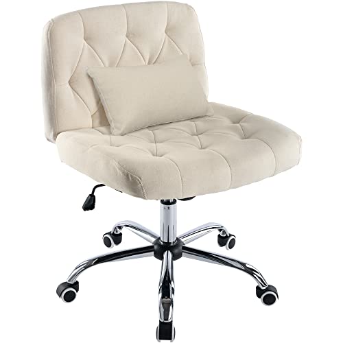 iMenting Wide Seat Armless Rolling Desk Chair Modern Tufted Adjustable Swivel Fabric Home Office Adjustable Swivel Chair with Wheels No Arms (Beige)