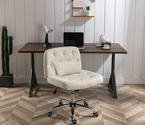 iMenting Wide Seat Armless Rolling Desk Chair Modern Tufted Adjustable Swivel Fabric Home Office Adjustable Swivel Chair with Wheels No Arms (Beige)