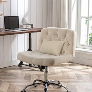 iMenting Wide Seat Armless Rolling Desk Chair Modern Tufted Adjustable Swivel Fabric Home Office Adjustable Swivel Chair with Wheels No Arms (Beige)