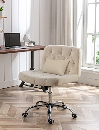 iMenting Wide Seat Armless Rolling Desk Chair Modern Tufted Adjustable Swivel Fabric Home Office Adjustable Swivel Chair with Wheels No Arms (Beige)