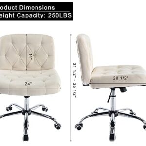 iMenting Wide Seat Armless Rolling Desk Chair Modern Tufted Adjustable Swivel Fabric Home Office Adjustable Swivel Chair with Wheels No Arms (Beige)