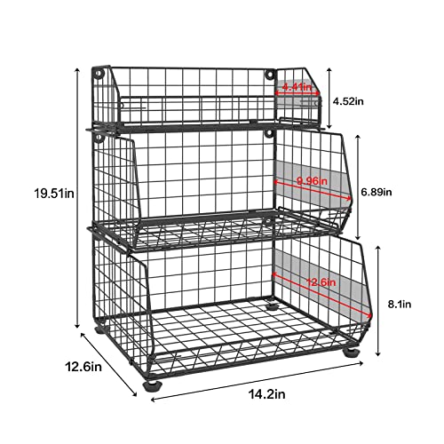 Fruit Vegetable Basket 3-Tier Stackable Fruit Bowl Wall-mounted Countertop Wire Storage Detachable Bin for Potato Onion Tomato Storage Kitchen Organizer Pantry Baskets Cabinet With Adjustable Feet