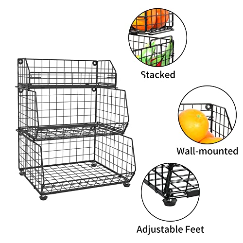 Fruit Vegetable Basket 3-Tier Stackable Fruit Bowl Wall-mounted Countertop Wire Storage Detachable Bin for Potato Onion Tomato Storage Kitchen Organizer Pantry Baskets Cabinet With Adjustable Feet