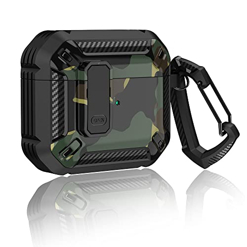 Smasener Compatible with AirPods 3 Case, Secure Lock Clip Full Body Shockproof Rugged Shell Protective Case Cover with Keychain for airpods 3rd generation case for men Women (Black + Camouflage Green)