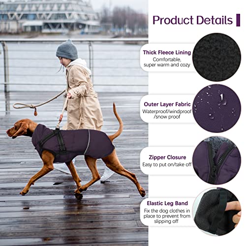 BRKURLEG Purple Dog Coat with Harness Detachable,Small Medium Large Dog Winter Clothes with Furry Collar,Pet Warm Snow Suit Jacket with Reflective,Waterproof Cold Weather Doggy Fleece Cozy Vest Hiking