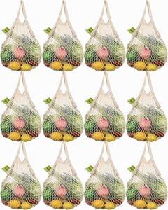 12 pieces reusable mesh grocery bags portable cotton mesh produce bags washable net bag mesh reusable tote bag with handle string shopping organizer bag for fruit vegetable shopping storage market