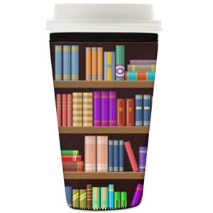 iced coffee sleeve colorful bookshelf, rainbow book library reusable neoprene insulated sleeves cup cover holder for cold drinks beverages 22oz - 24oz