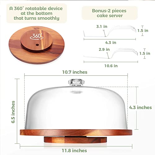 WEHOME Rotating Cake Stand with Dome，Acacia Wood with Acrylic Lid,Revolving Cake Diaplay Plate Holder with Clear Cake Cover for Cakes，Cupcakes，Pastries,Cookies,Desserts&etc.