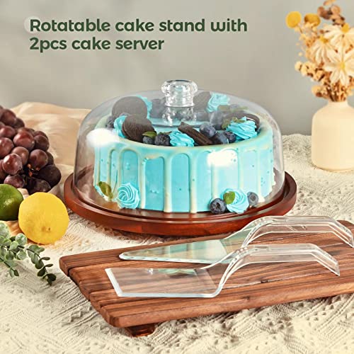 WEHOME Rotating Cake Stand with Dome，Acacia Wood with Acrylic Lid,Revolving Cake Diaplay Plate Holder with Clear Cake Cover for Cakes，Cupcakes，Pastries,Cookies,Desserts&etc.