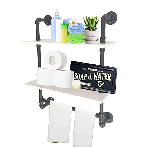 LoftPaipes Industrial Pipe Bathroom Shelf,White Rustic Wood Wall Mount Shelf with Towel Bar,24'' Black Matte Towel Racks,2 Tiered Metal Floating Shelves Shelving Iron Towel Holder