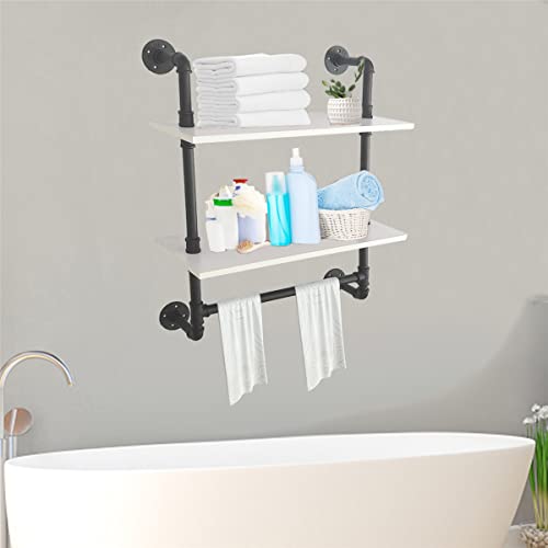 LoftPaipes Industrial Pipe Bathroom Shelf,White Rustic Wood Wall Mount Shelf with Towel Bar,24'' Black Matte Towel Racks,2 Tiered Metal Floating Shelves Shelving Iron Towel Holder