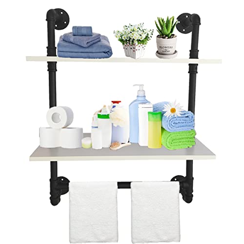 LoftPaipes Industrial Pipe Bathroom Shelf,White Rustic Wood Wall Mount Shelf with Towel Bar,24'' Black Matte Towel Racks,2 Tiered Metal Floating Shelves Shelving Iron Towel Holder