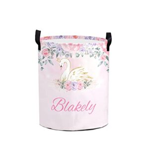 swan princess pink purple personalized foldable freestanding laundry basket clothes hamper with handle, custom collapsible storage bin for toys bathroom laundry