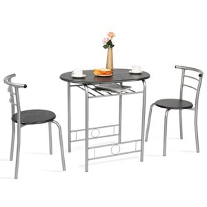 vingli 3 piece dining set,small kitchen table set for 2,breakfast table set,kitchen wooden table and 2 chairs for small space/dining room/apartment,metal frame,wine rack,sliver&black