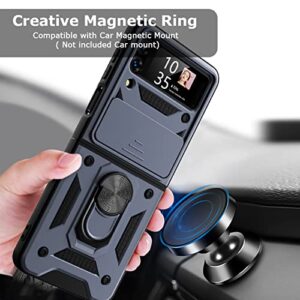 Compatible for Samsung Z Flip 4 Case with Slide Camera Cover Shockproof Galaxy Z Flip 4 Case Ring Kickstand Magnetic Polycarbonate Cover Case for Samsung Flip Z 5G Case-Blue