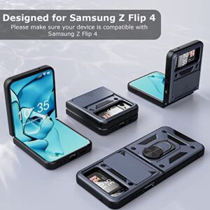 Compatible for Samsung Z Flip 4 Case with Slide Camera Cover Shockproof Galaxy Z Flip 4 Case Ring Kickstand Magnetic Polycarbonate Cover Case for Samsung Flip Z 5G Case-Blue