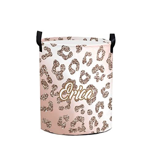 Pink Rose Leopard Print Personalized Foldable Freestanding Laundry Basket Clothes Hamper with Handle, Custom Collapsible Storage Bin for Toys Bathroom Laundry