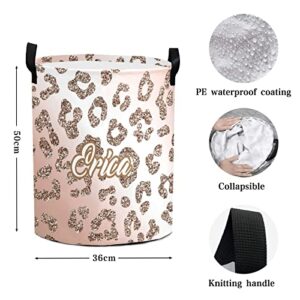 Pink Rose Leopard Print Personalized Foldable Freestanding Laundry Basket Clothes Hamper with Handle, Custom Collapsible Storage Bin for Toys Bathroom Laundry