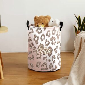 Pink Rose Leopard Print Personalized Foldable Freestanding Laundry Basket Clothes Hamper with Handle, Custom Collapsible Storage Bin for Toys Bathroom Laundry