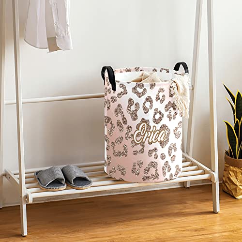 Pink Rose Leopard Print Personalized Foldable Freestanding Laundry Basket Clothes Hamper with Handle, Custom Collapsible Storage Bin for Toys Bathroom Laundry