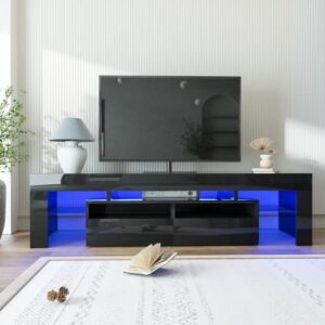 sussurro led tv stand for 60/65/70 inch tv, modern gloss entertainment center with drawer and glass open shelf, television table center media console for living room bedroom， black