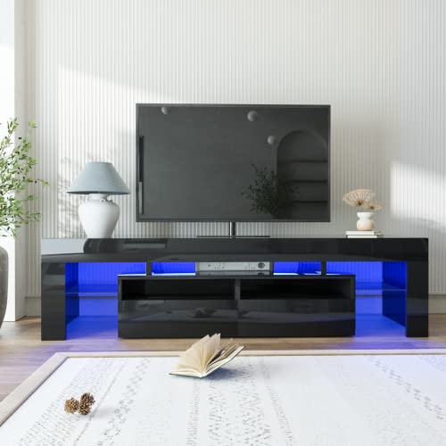 SUSSURRO LED TV Stand for 60/65/70 inch TV, Modern Gloss Entertainment Center with Drawer and Glass Open Shelf, Television Table Center Media Console for Living Room Bedroom， Black