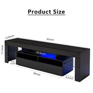 SUSSURRO LED TV Stand for 60/65/70 inch TV, Modern Gloss Entertainment Center with Drawer and Glass Open Shelf, Television Table Center Media Console for Living Room Bedroom， Black