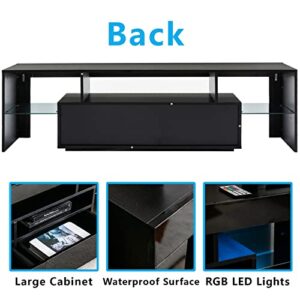 SUSSURRO LED TV Stand for 60/65/70 inch TV, Modern Gloss Entertainment Center with Drawer and Glass Open Shelf, Television Table Center Media Console for Living Room Bedroom， Black